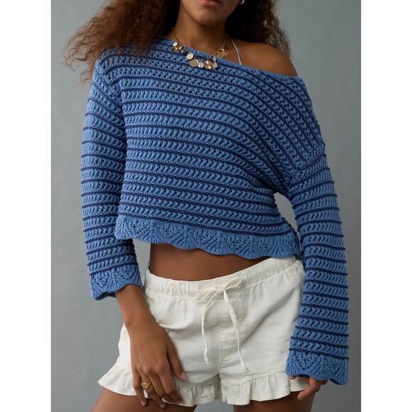American Eagle Ballet Sweater XL Blue Knit Scallop Hem Real Soft - Picture 1 of 10